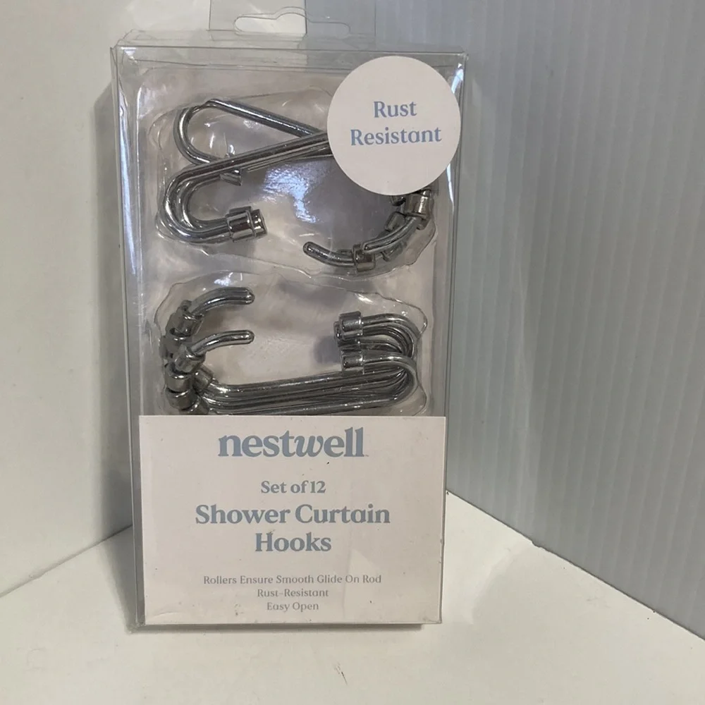 NESTWELL Silver Shower Curtain Hooks with Rollers Full Closure Set of 12